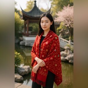 Red Crewel Embroidered Floral Shawl Wrap L 26” x 85” Artisan Stitchwork w Fringe